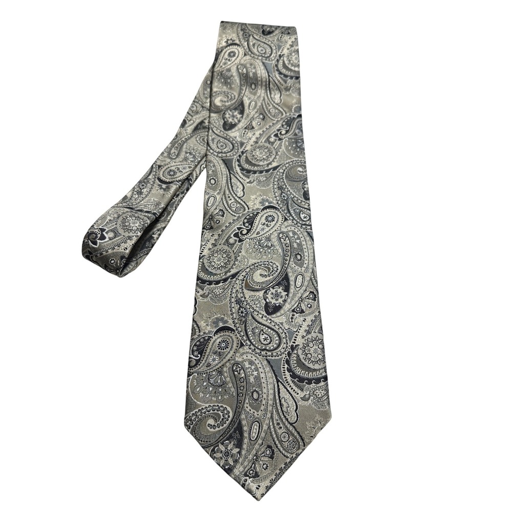 Nubio Collezione Esclusivo Mens Silk Tie Silver Grey Black Paisley Jacquard
